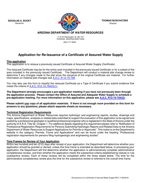Application for Re-issuance of a Certificate of Assured Water Supply - Arizona Download Pdf