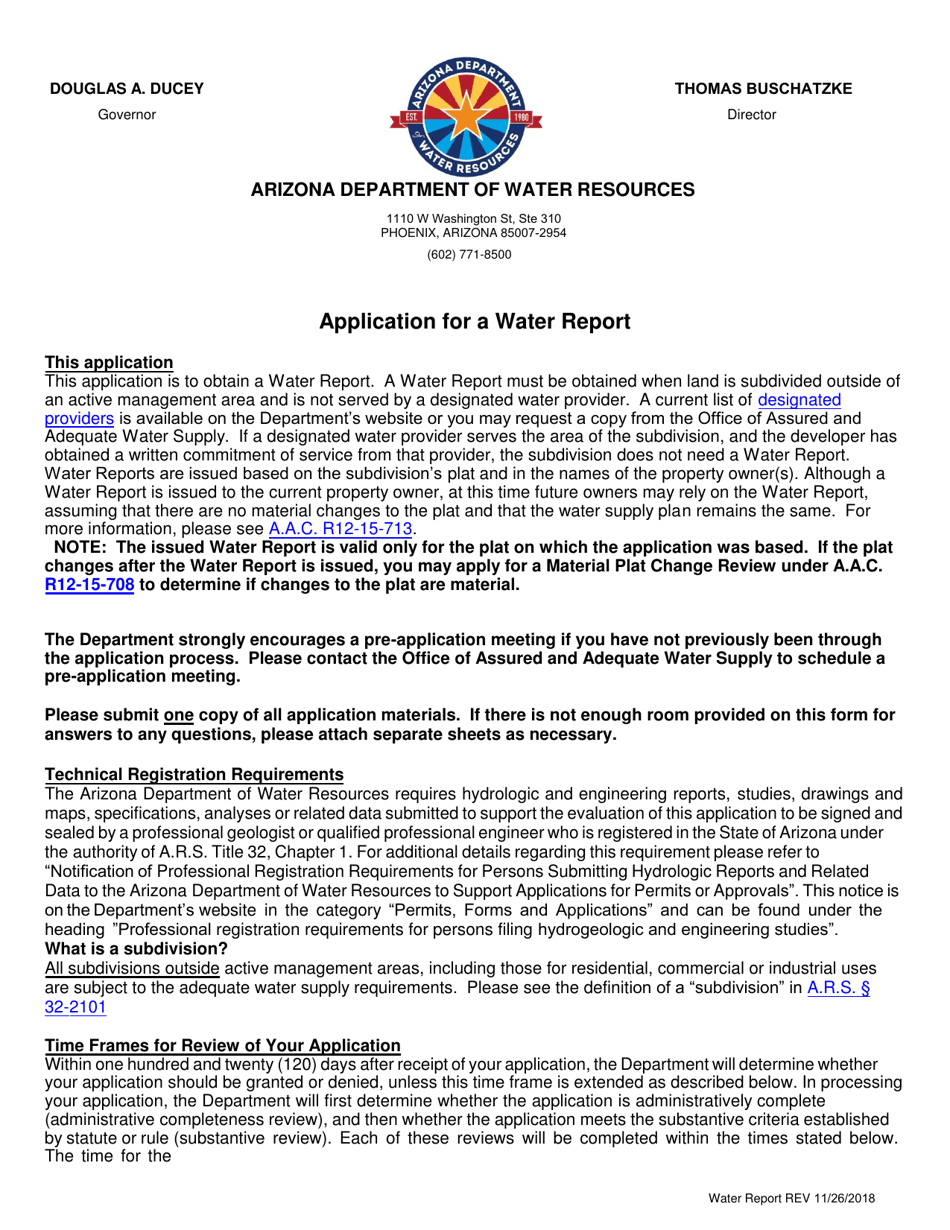 Application for a Water Report - Arizona, Page 1