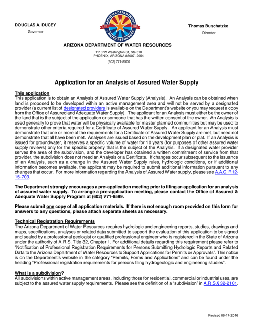 Application for an Analysis of Assured Water Supply - Arizona Download Pdf