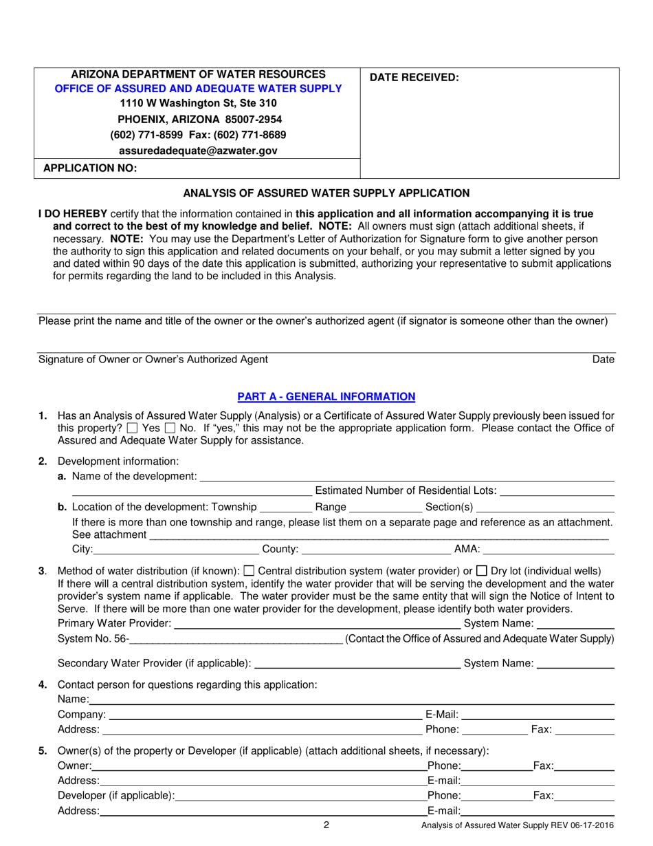 Application for an Analysis of Assured Water Supply - Arizona, Page 3