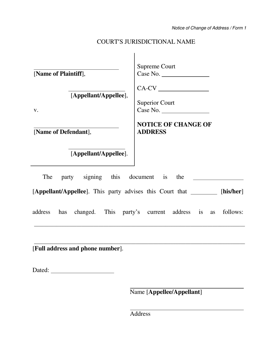 Form 1 Notice of Change of Address - Arizona, Page 1