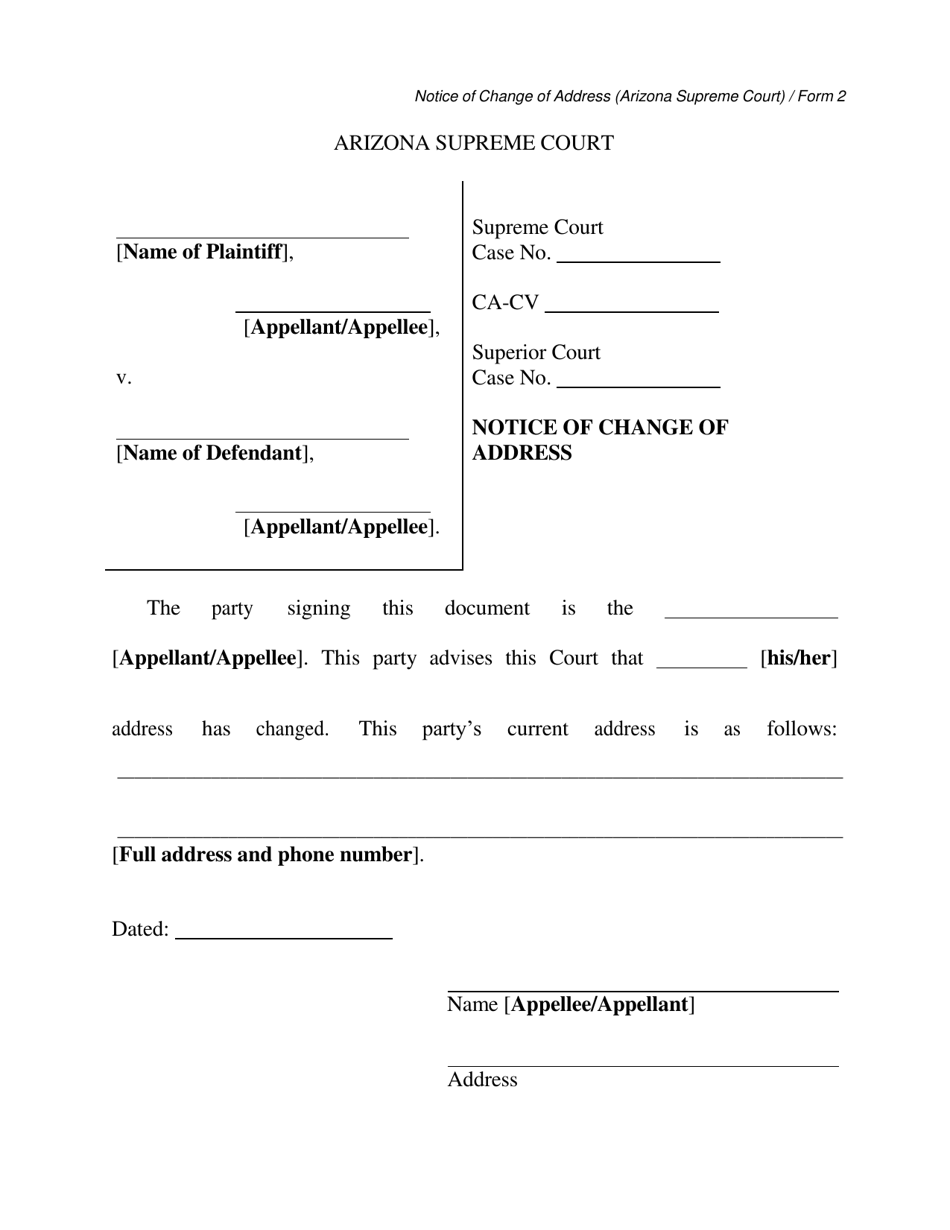 Form 2 Notice of Change of Address - Arizona, Page 1