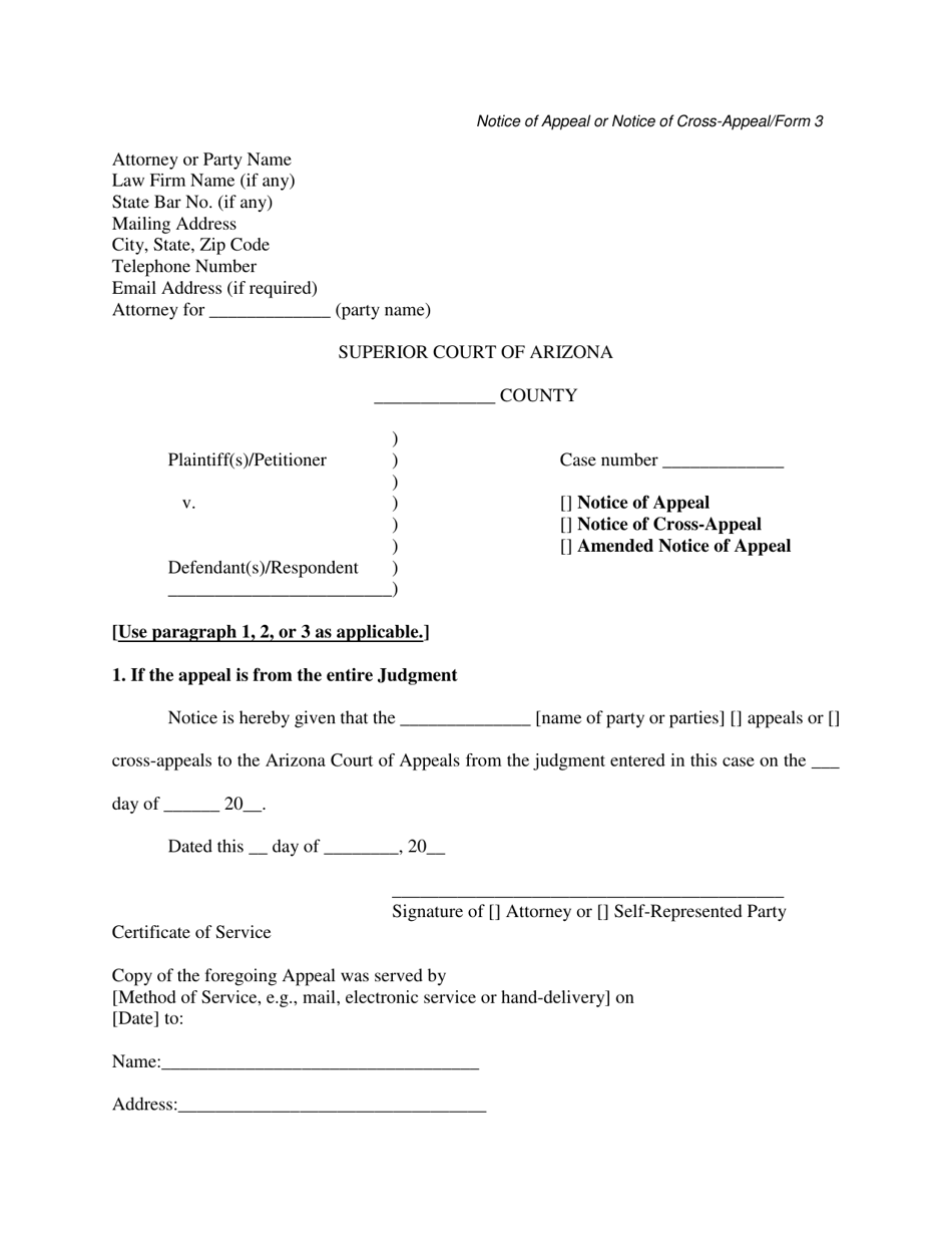 Form 3 Notice of Appeal or Notice of Cross-appeal - Arizona, Page 1