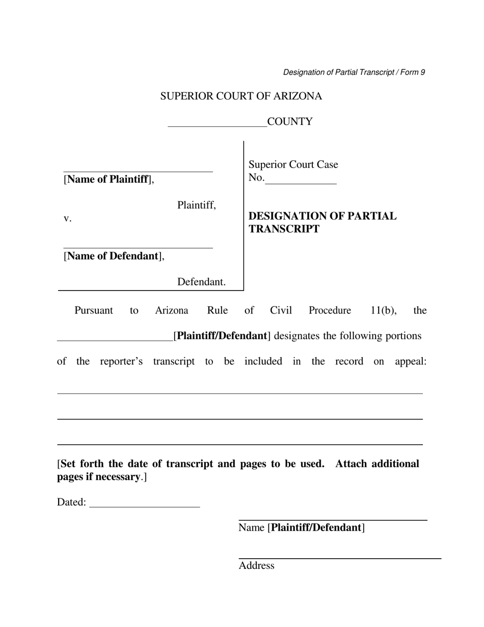 Form 9 Designation of Partial Transcript - Arizona, Page 1
