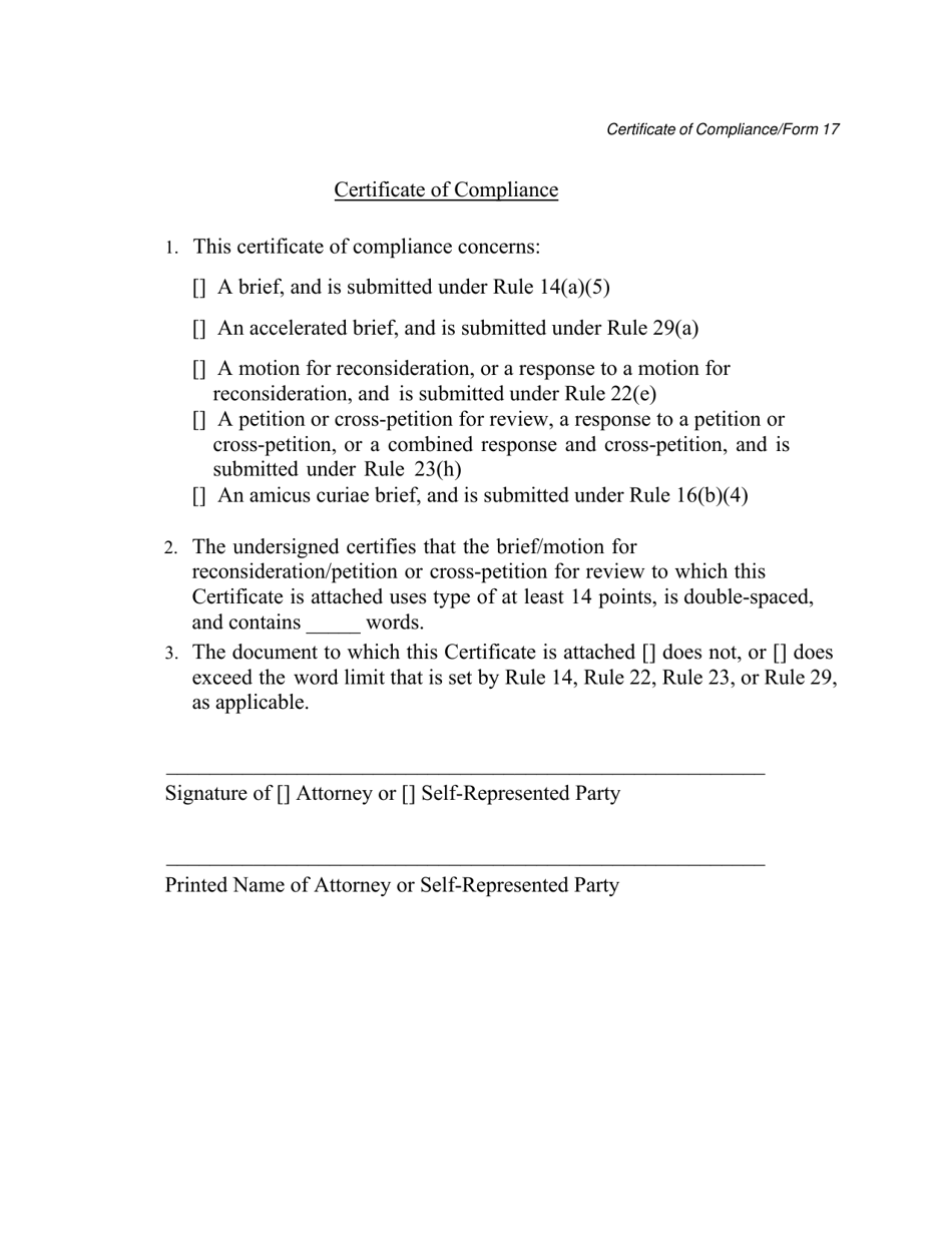 Form 17 Certificate of Compliance - Arizona, Page 1