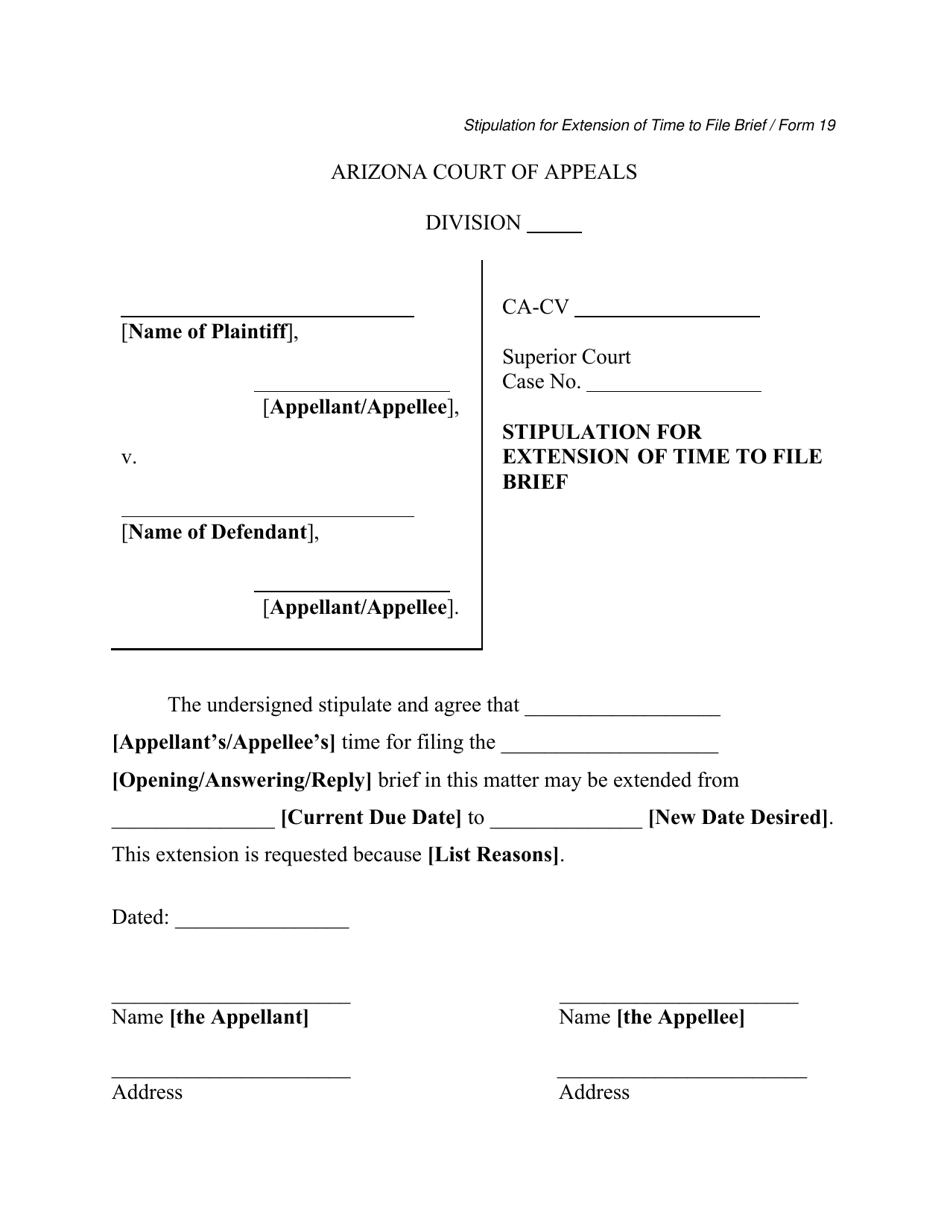 Form 19 Stipulation for Extension of Time to File Brief - Arizona, Page 1