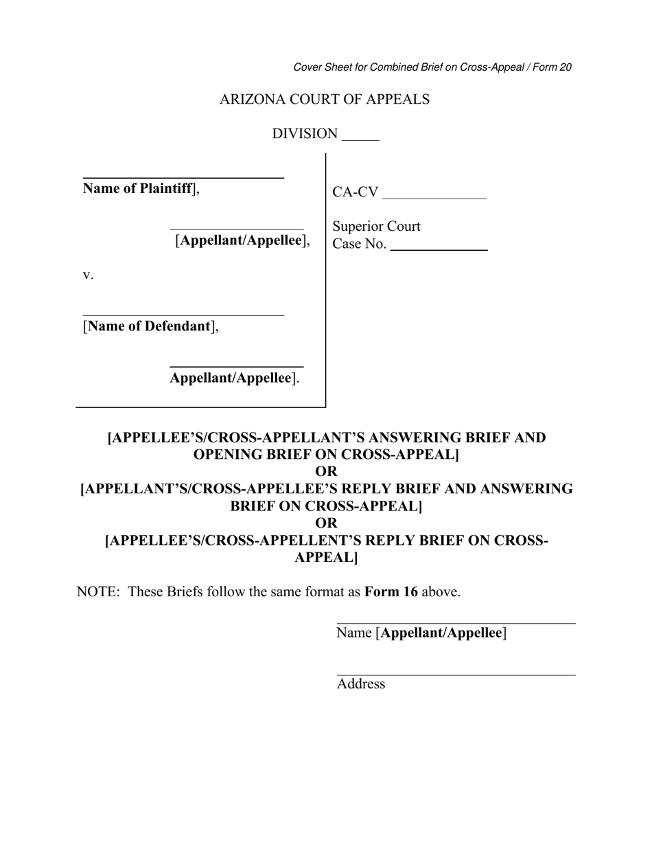 Form 20 Cover Sheet for Combined Brief on Cross-appeal - Arizona, Page 1
