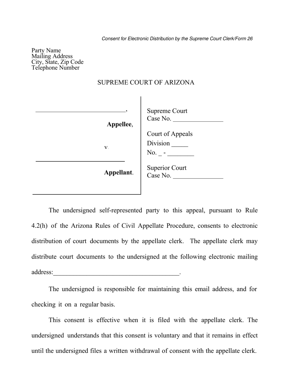 Form 26 Consent for Electronic Distribution by the Supreme Court Clerk - Arizona, Page 1