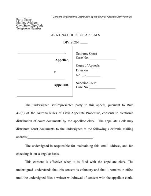 Form 25 Consent for Electronic Distribution by the Court of Appeals Clerk - Arizona