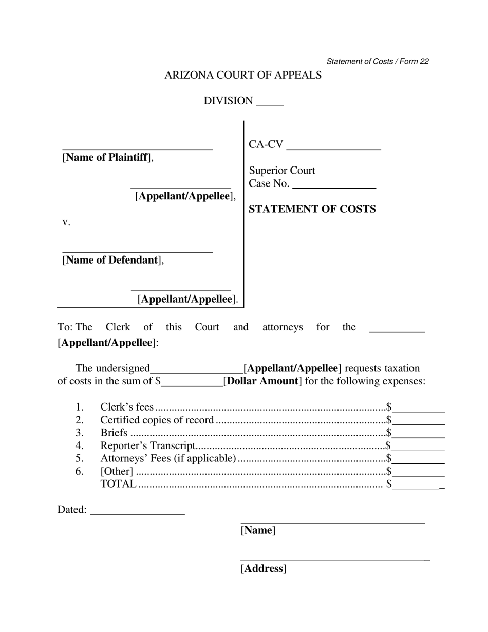 Form 22 Statement of Costs - Arizona, Page 1
