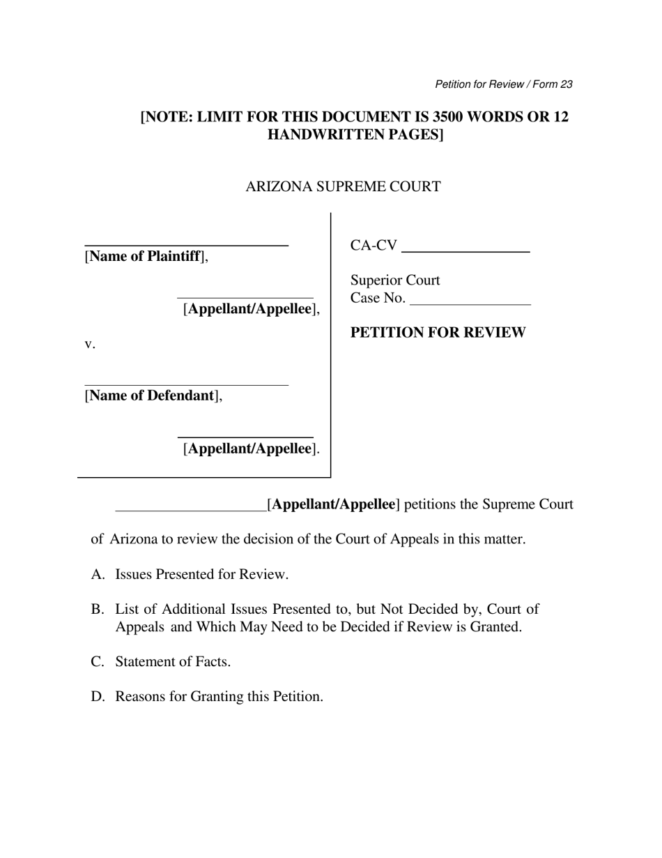 Form 23 Petition for Review - Arizona, Page 1