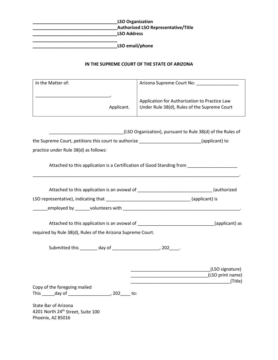 Application for Authorization to Practice Law Under Rule 38(D), Rules of the Supreme Court - Arizona, Page 1