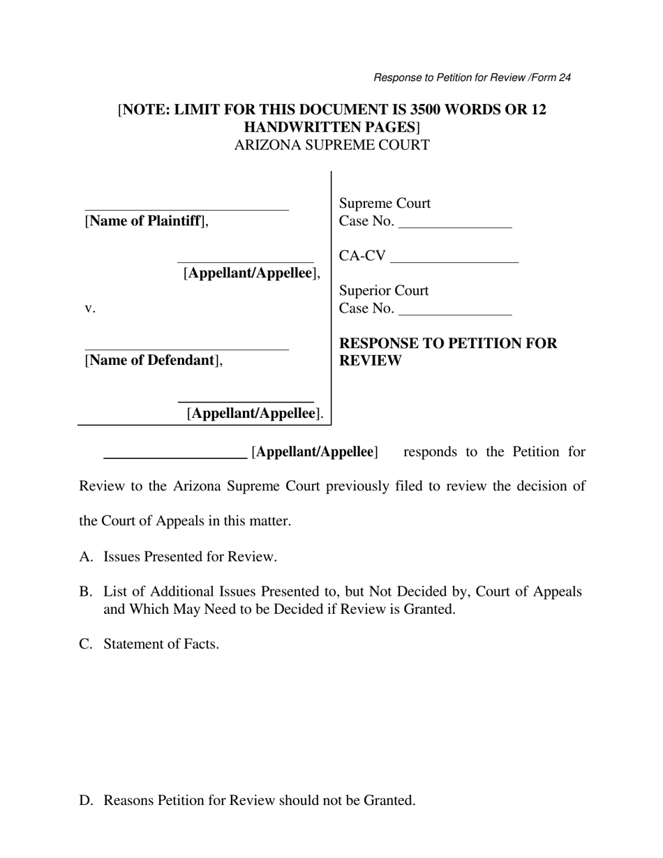 Form 24 Response to Petition for Review - Arizona, Page 1