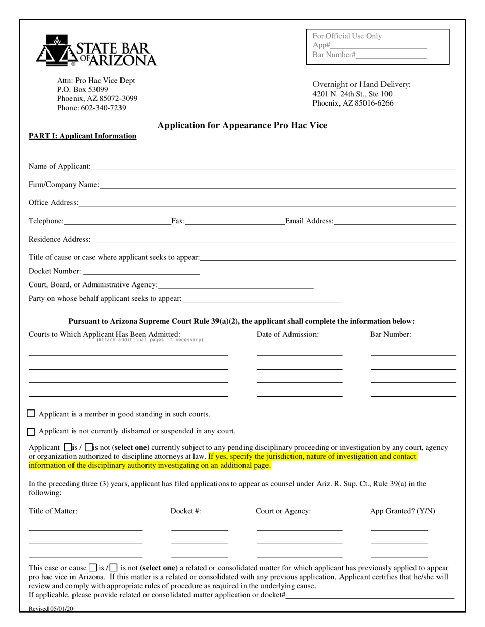 Application for Appearance Pro Hac Vice - Arizona, Page 1
