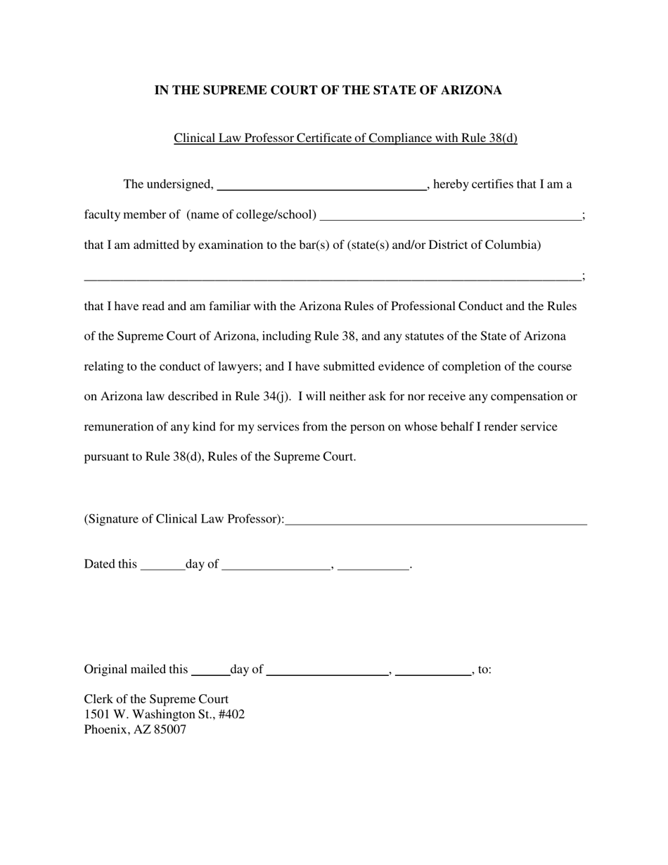 Clinical Law Professor Certificate of Compliance With Rule 38(D) - Arizona, Page 1