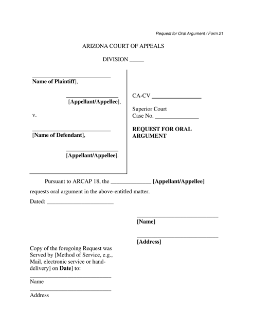Form 21 Request for Oral Argument - Arizona