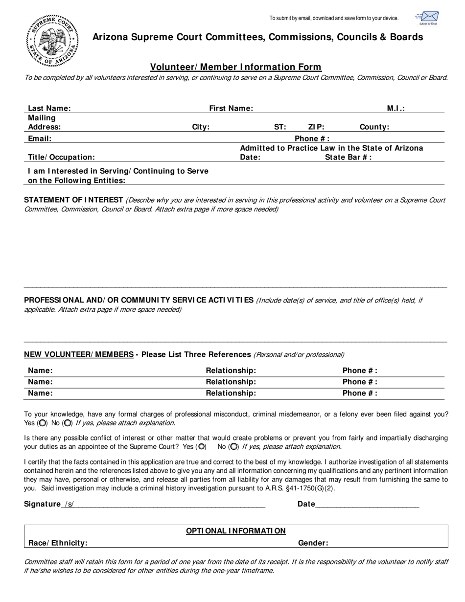 Volunteer / Member Information Form - Arizona, Page 1