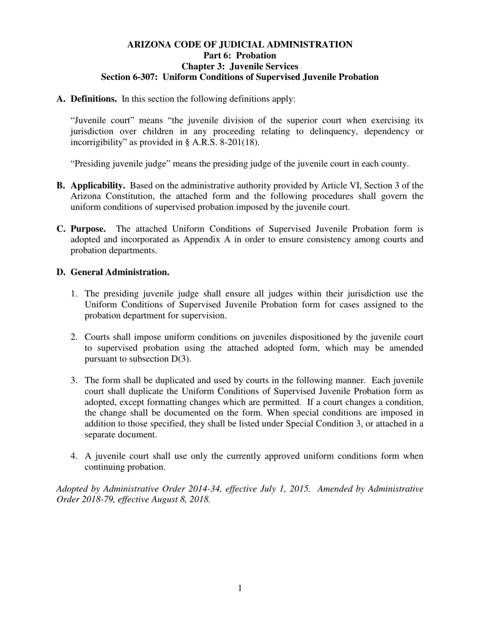 Appendix A Uniform Conditions of Supervised Juvenile Probation Form - Arizona, Page 1