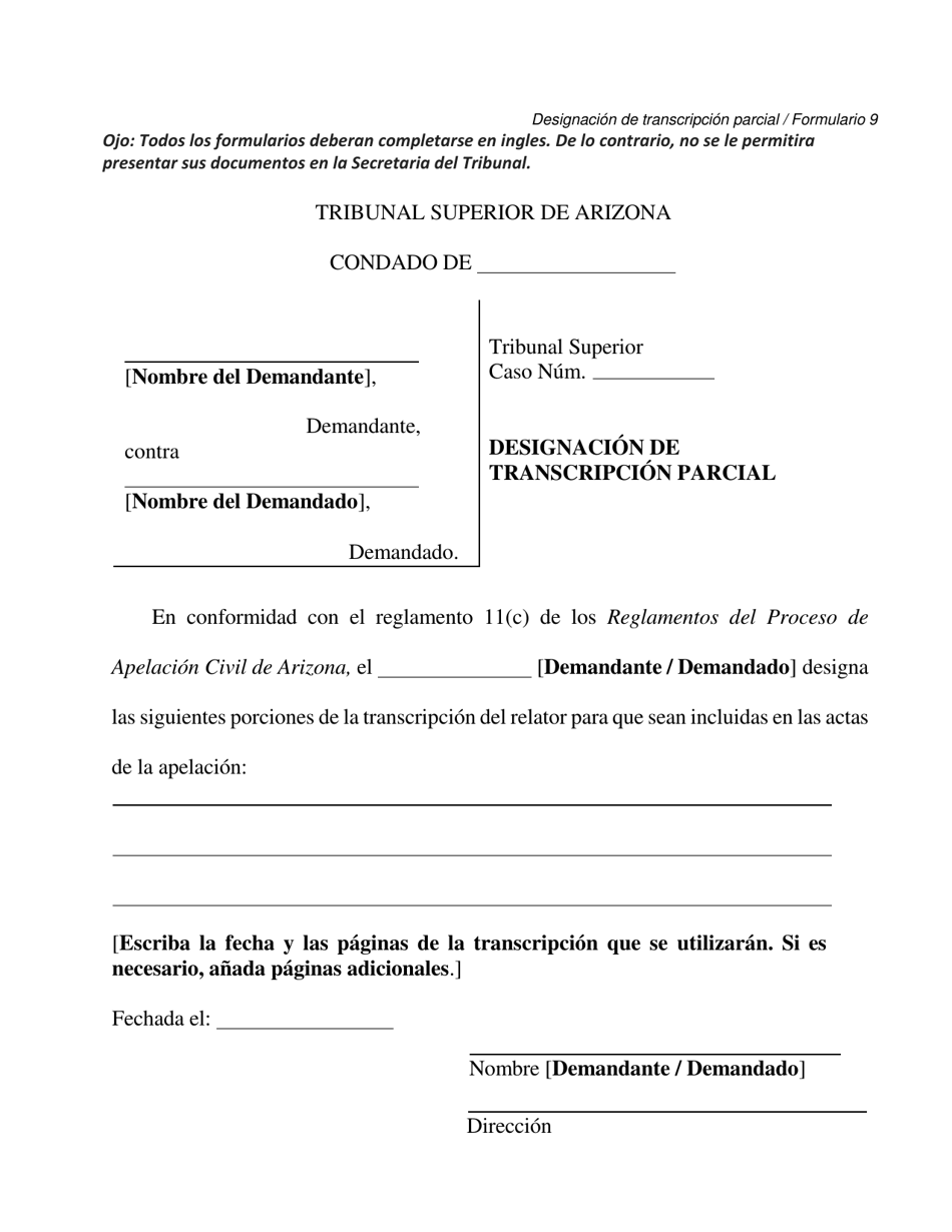 Formulario 9 Designacion De Transcripcion Parcial - Arizona (Spanish), Page 1