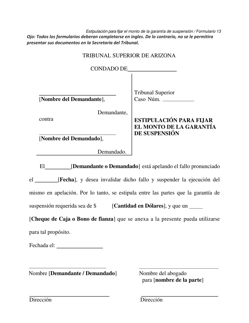 Formulario 13 Estipulacion Para Fijar El Monto De La Garantia De Suspension - Arizona (Spanish), Page 1