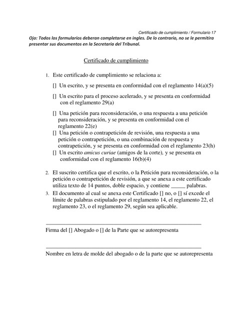 Formulario 17 Certificado De Cumplimiento - Arizona (Spanish)