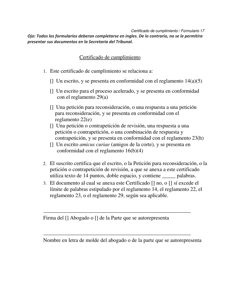Formulario 17 Certificado De Cumplimiento - Arizona (Spanish), Page 1