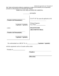 Document preview: Formulario 21 Solicitud De Argumento Oral - Arizona (Spanish)