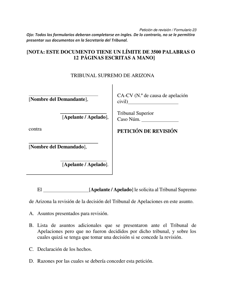 Formulario 23 Peticion De Revision - Arizona (Spanish), Page 1