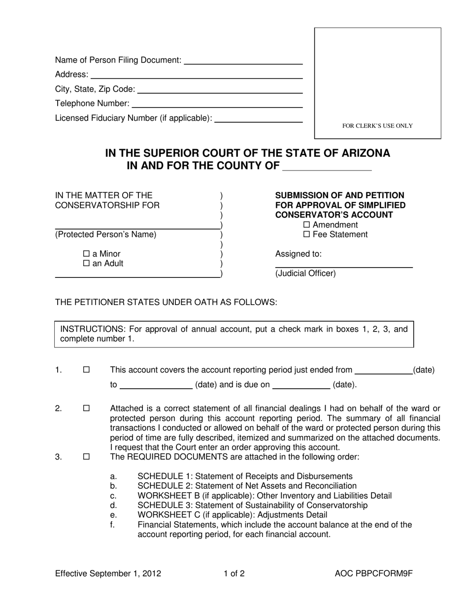 AOC PBPC Form 9F Submission of and Petition for Approval of Simplified Conservator's Account - Arizona, Page 1