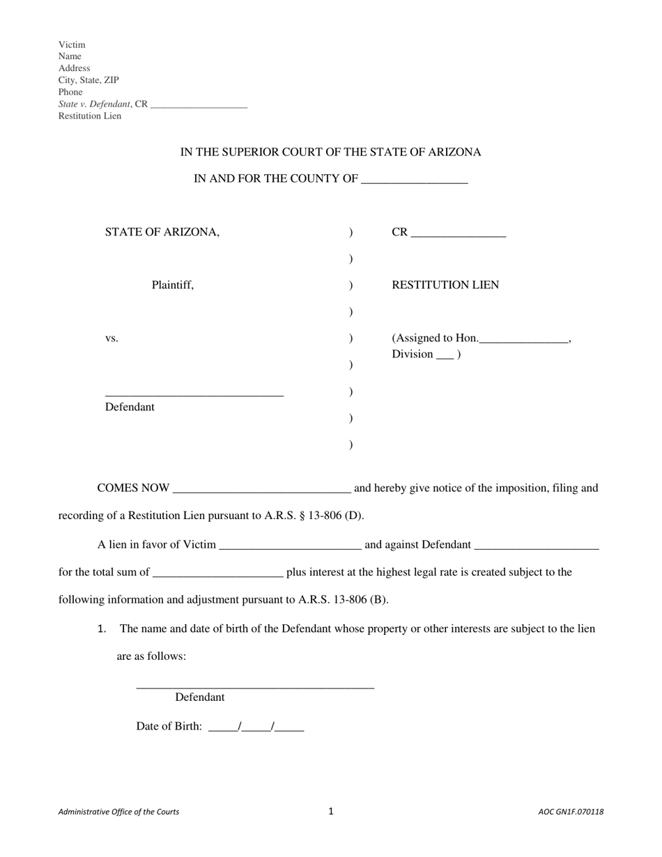 Form AOC GN1F Restitution Lien - Arizona, Page 1