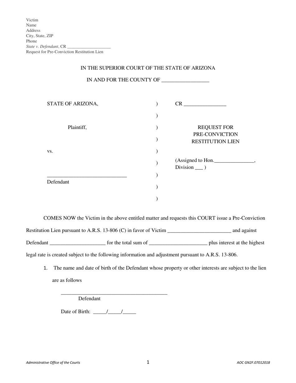 Form AOC GN2F Request for Pre-conviction Restitution Lien - Arizona, Page 1