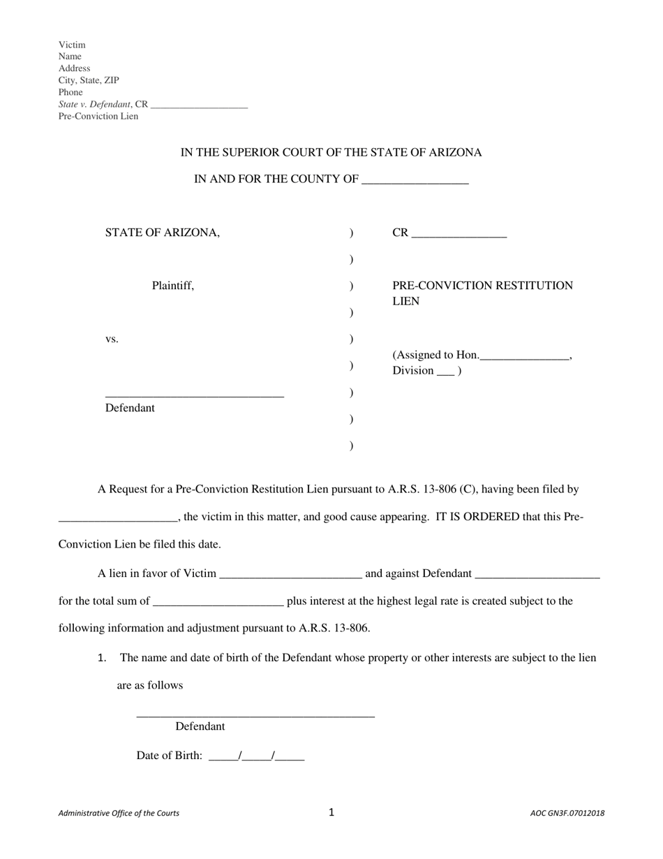 Form AOC GN3F Pre-conviction Restitution Lien - Arizona, Page 1