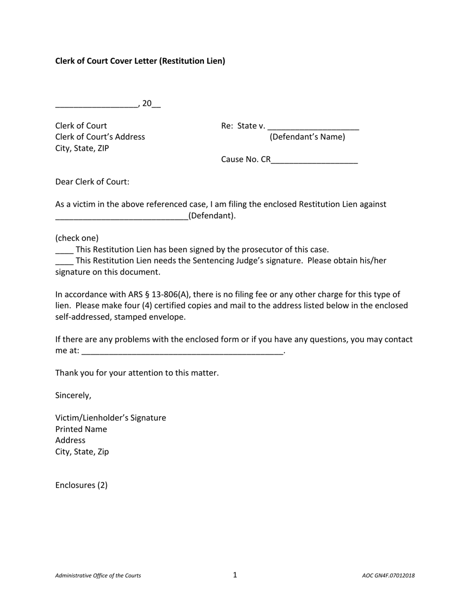 Form AOC GN4F Clerk of the Court Cover Letter (Restitution Lien) - Arizona, Page 1