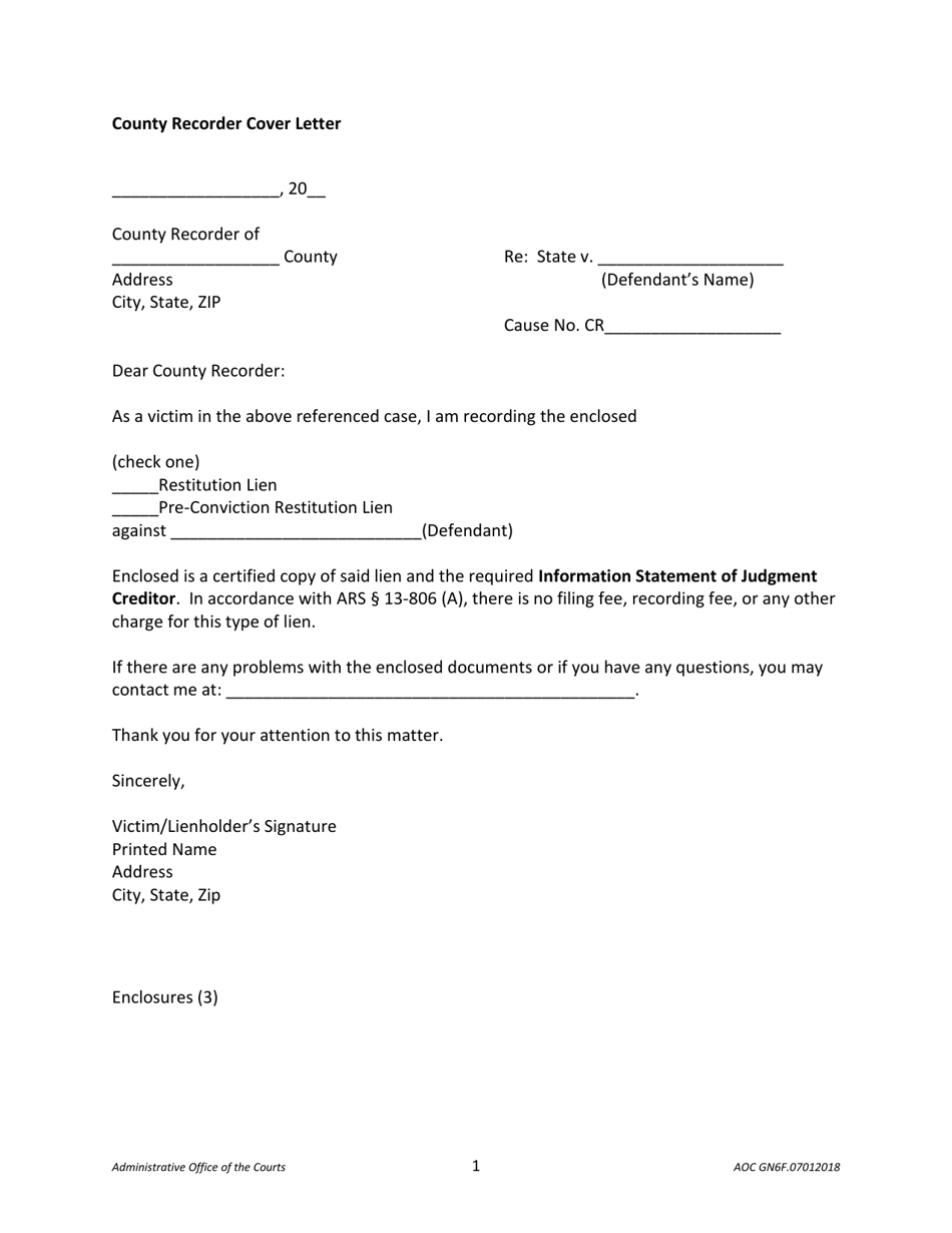 Form AOC GN6F County Recorder Cover Letter - Arizona, Page 1