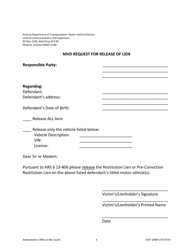 Form AOC GN8F &quot;Mvd Request for Release of Lien&quot; - Arizona