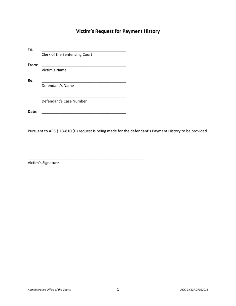 Form AOC GN12F Victims Request for Payment History - Arizona, Page 1