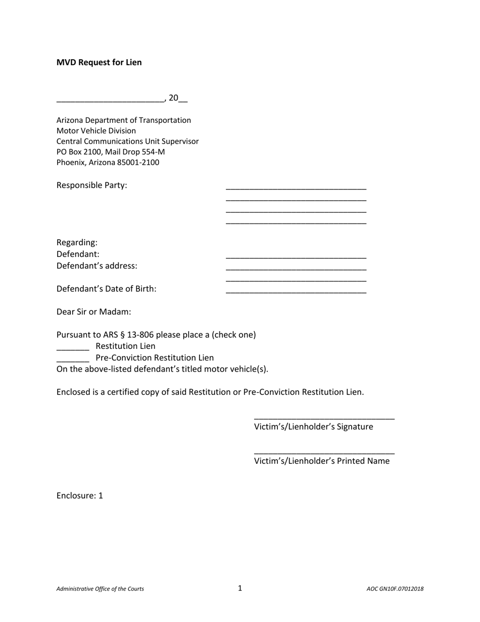 Form AOC GN10F Mvd Request for Lien Letter - Arizona, Page 1