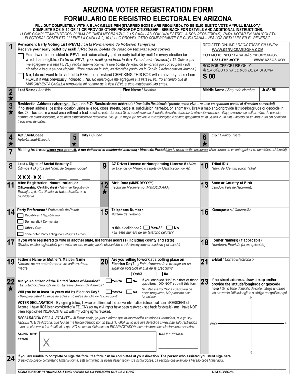 Arizona Voter Registration Form - Arizona (English / Spanish), Page 1