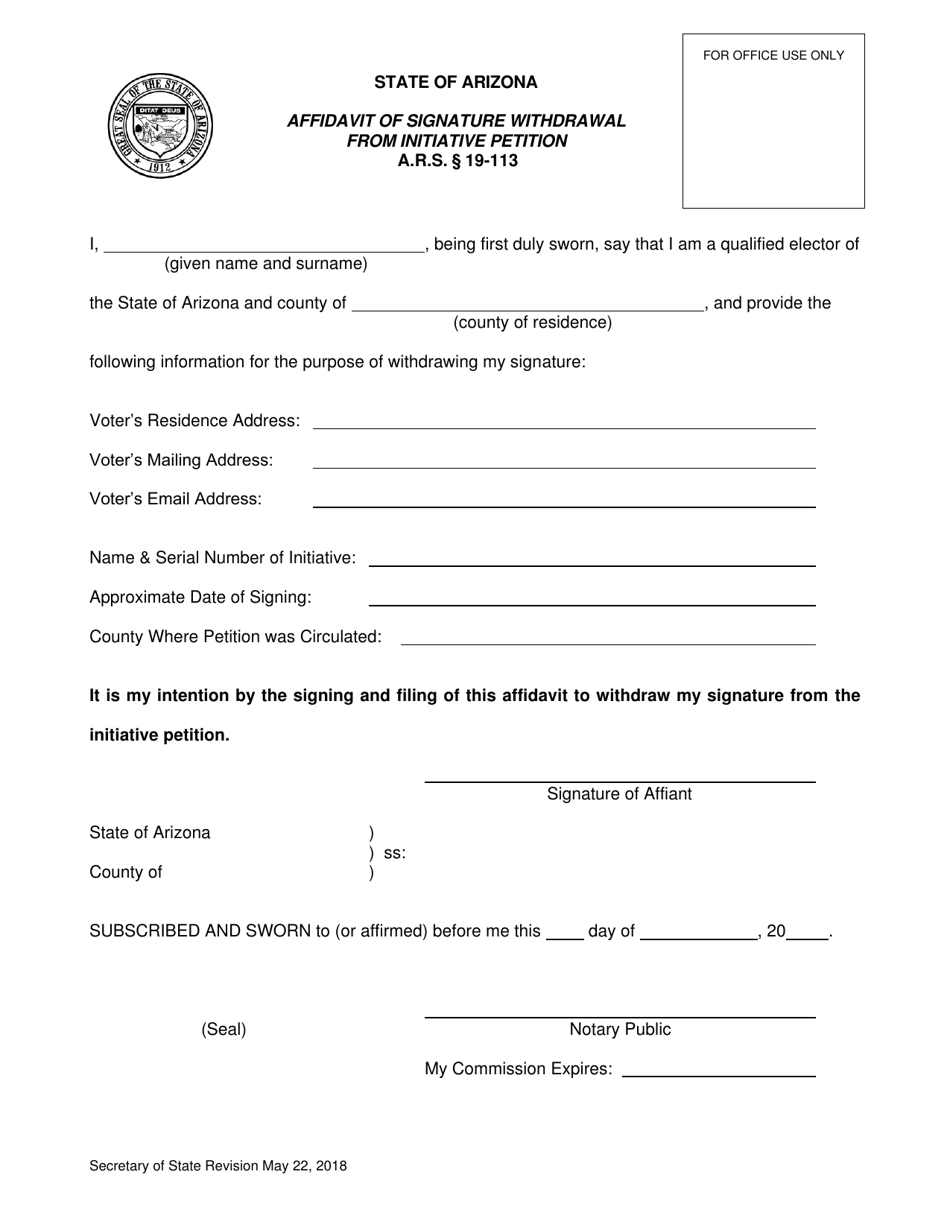 Arizona Affidavit of Signature Withdrawal From Initiative Petition