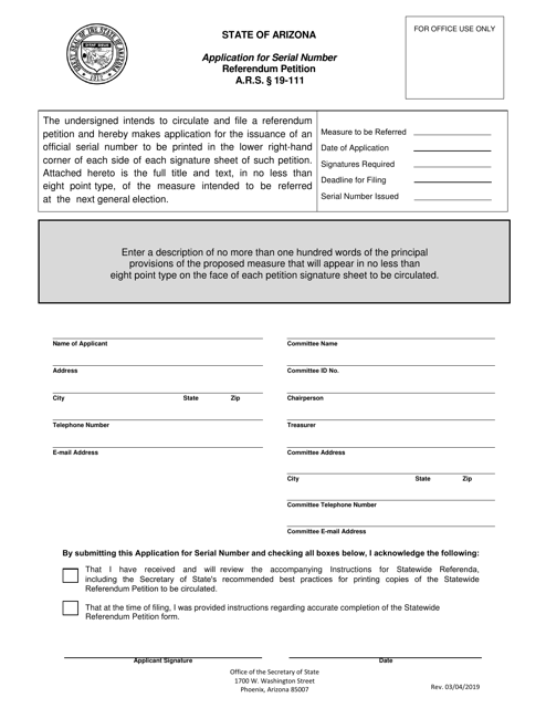Application for Serial Number - Referendum Petition - Arizona Download Pdf