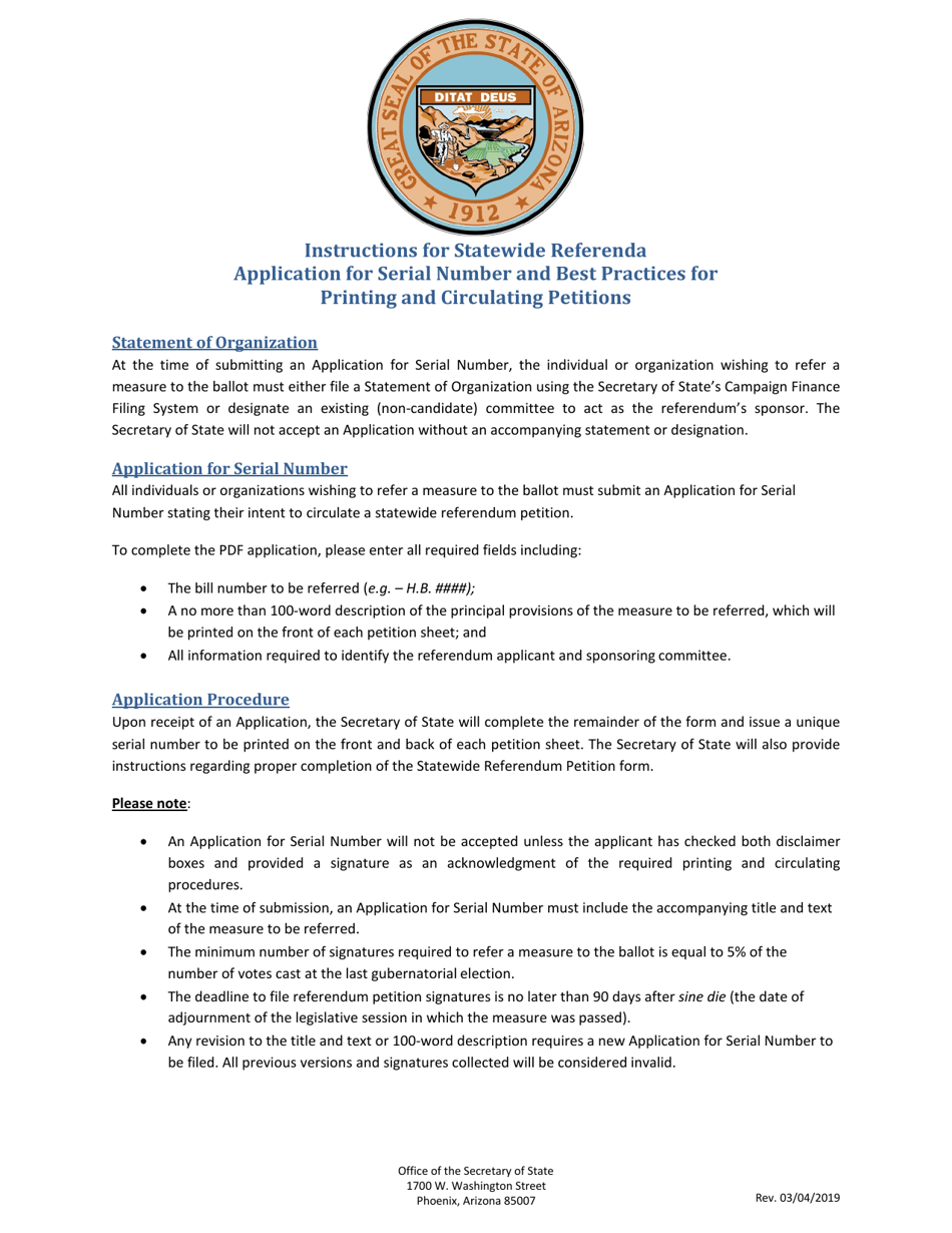 Application for Serial Number - Referendum Petition - Arizona, Page 2