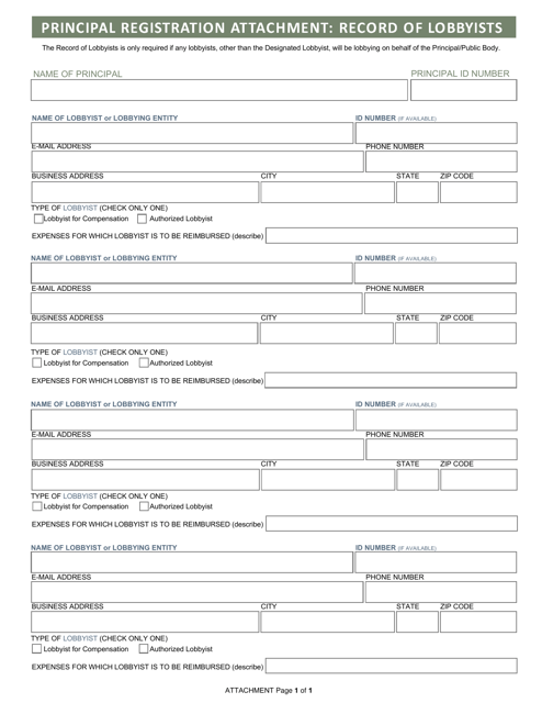 Principal Registration Attachment: Record of Lobbyists - Arizona