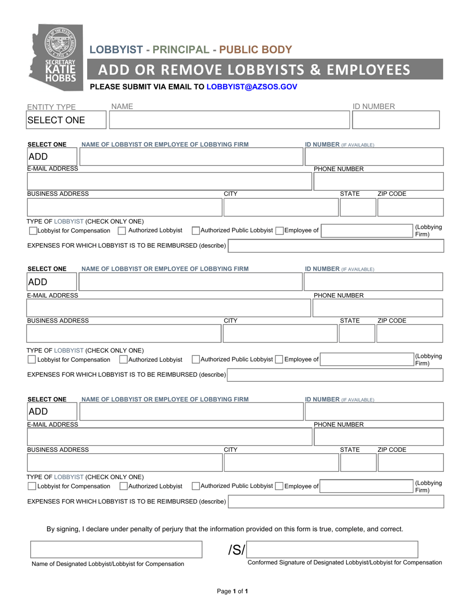Add or Remove Lobbyists or Employees - Arizona, Page 1