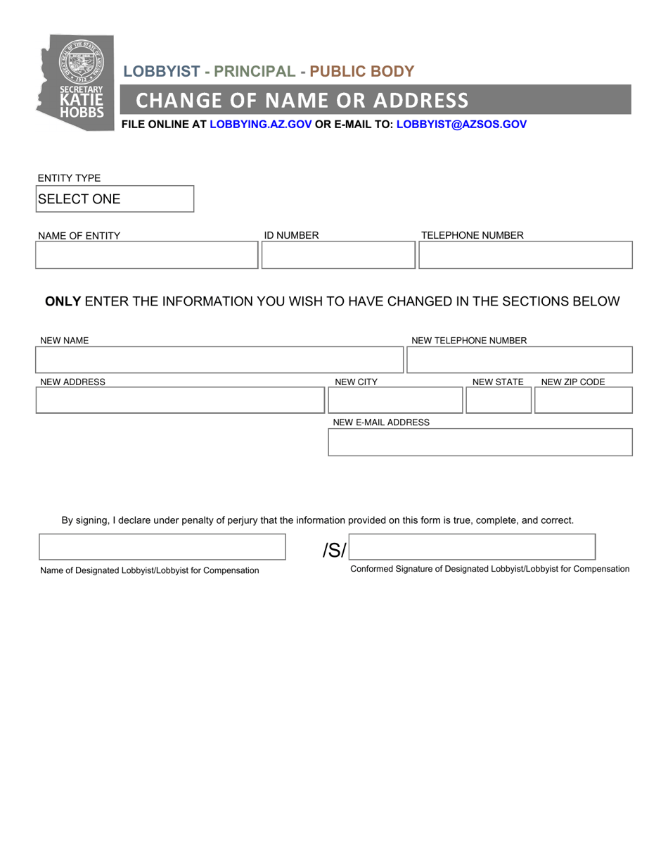 Lobbyist / Principal / Public Body Change of Name or Address - Arizona, Page 1