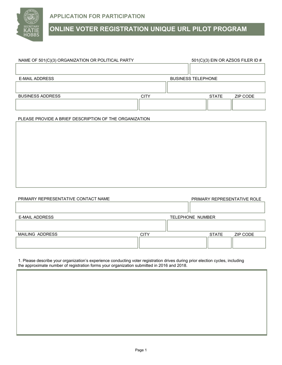 Application for Participation - Online Voter Registration Unique Url Pilot Program - Arizona, Page 1
