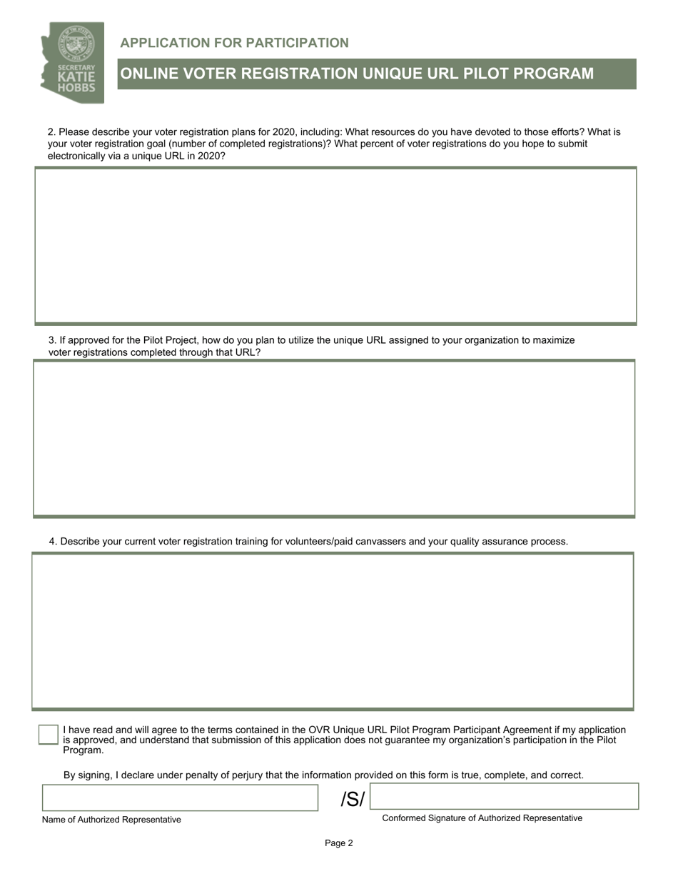 Application for Participation - Online Voter Registration Unique Url Pilot Program - Arizona, Page 2