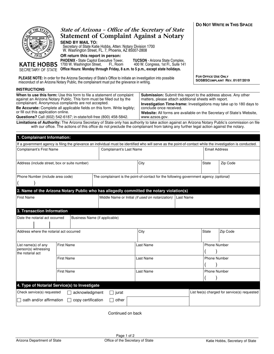 Form SOSBSCOMPLAINT Statement of Complaint Against a Notary - Arizona, Page 1