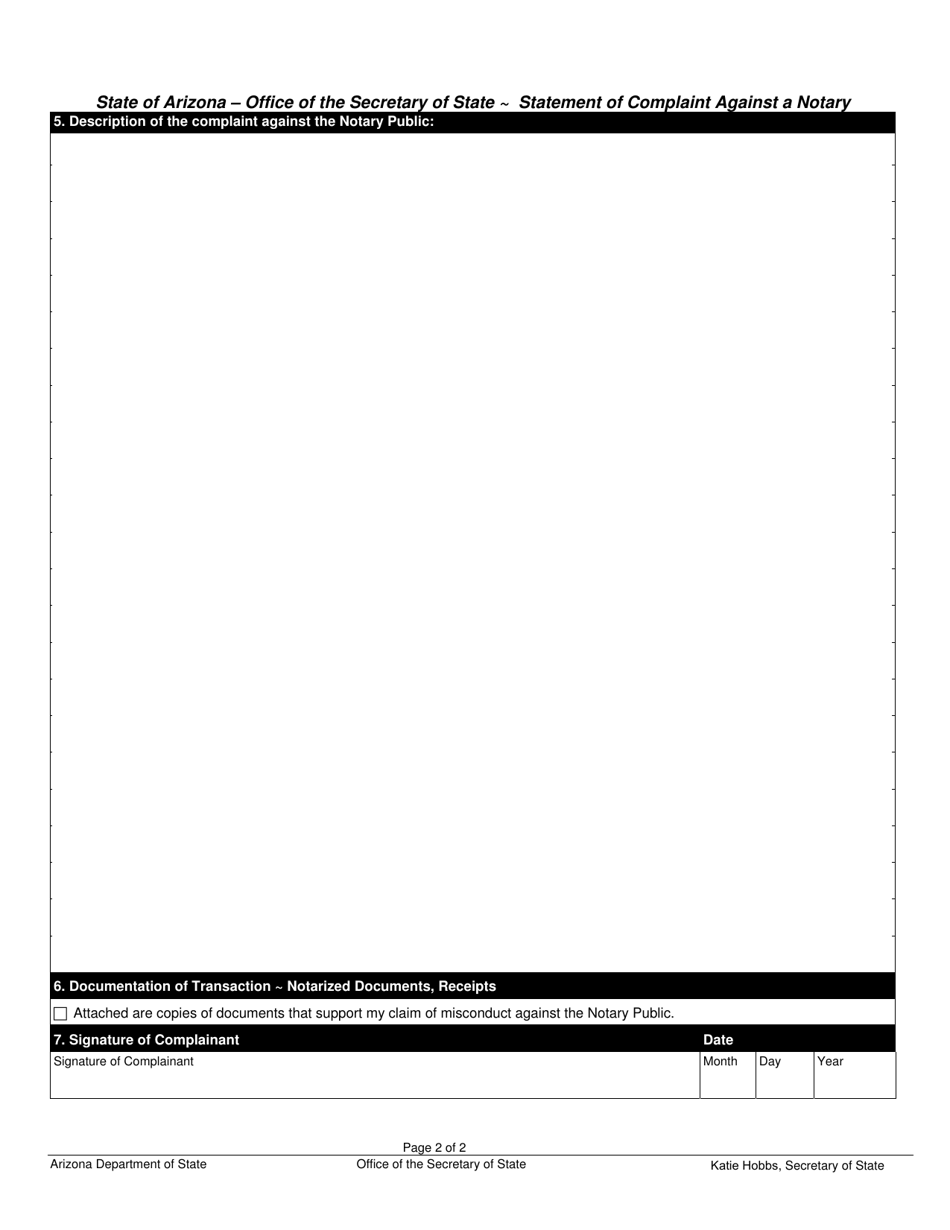Form SOSBSCOMPLAINT Statement of Complaint Against a Notary - Arizona, Page 2