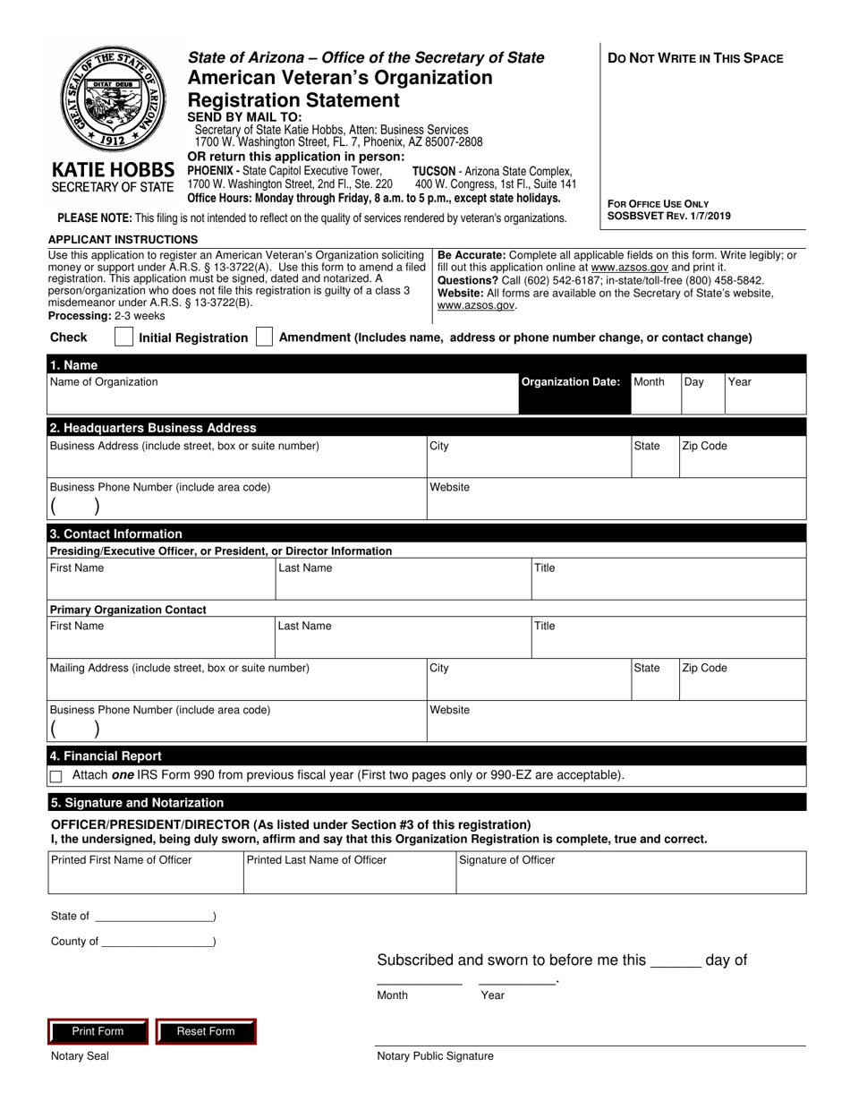 Form SOSBSVET American Veterans Organization Registration Statement - Arizona, Page 1