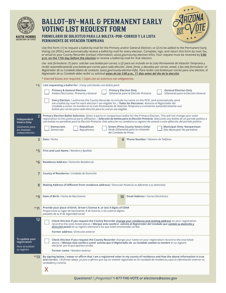 Ballot-By-Mail  Permanent Early Voting List Request Form - Arizona (English / Spanish), Page 1